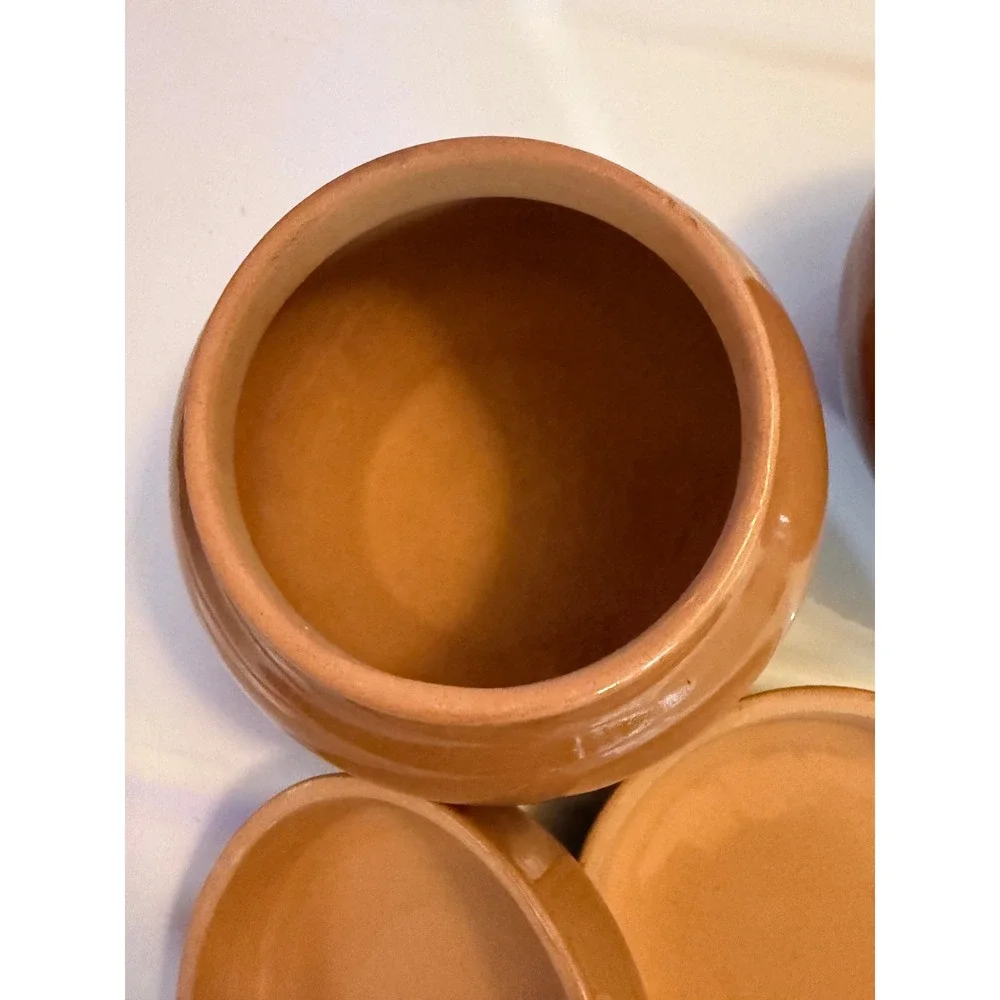 Vintage Terracotta Jars with Fluted Lids Set of 2 Brown Glazed Canisters